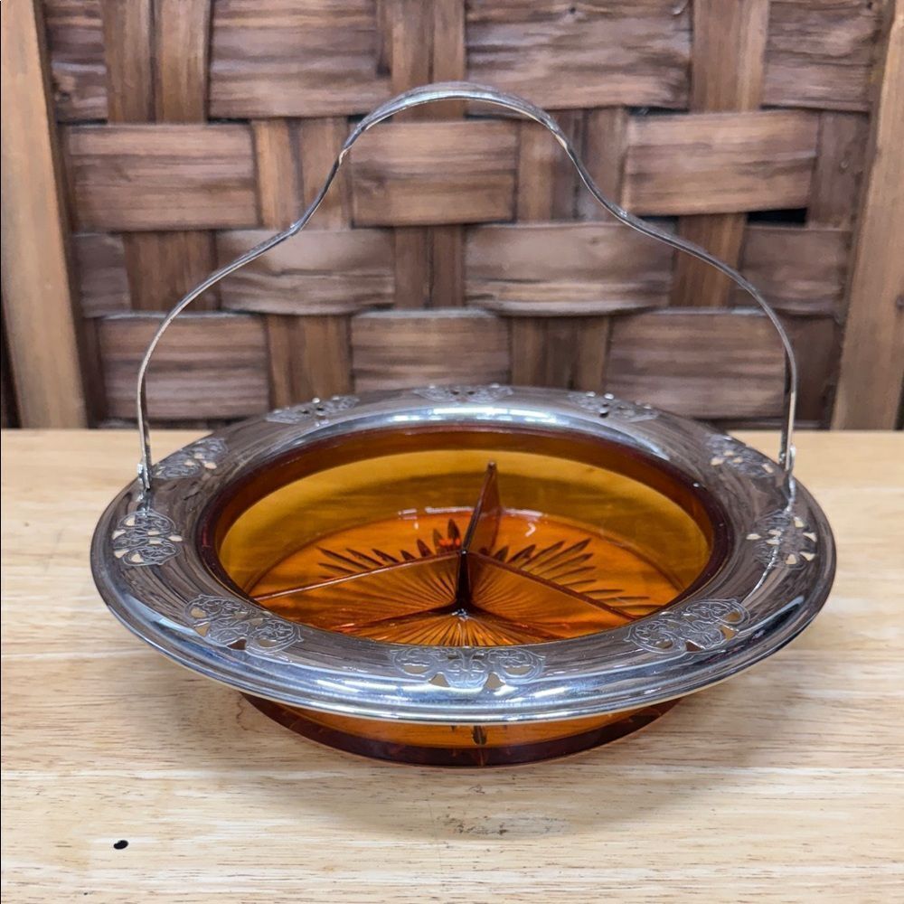 Vintage Farberware Amber Depression Glass Divided Relish Dish w/ Metal Caddy